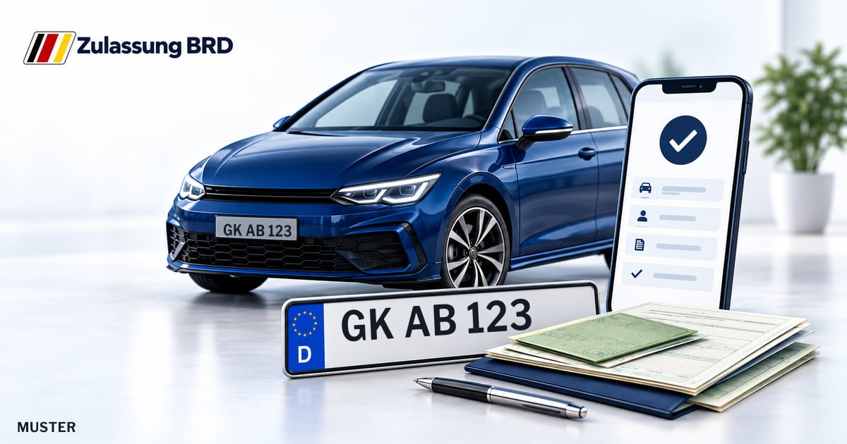 Online Fahrzeugzulassung in Selfkant: Musterkennzeichen GK AB 123, Auto und Fahrzeugpapiere und Smartphone. Illustration mit Logo von Zulassung BRD.
